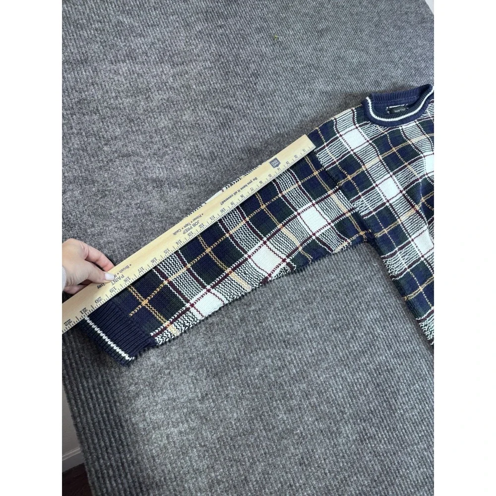 Vintage Hunt Club XL Blue Plaid Cotton Tight-Knit Crew‎ Neck Long Sleeve Sweater